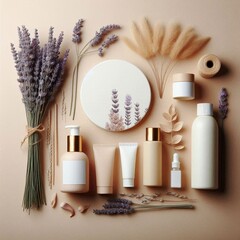 Elegant arrangement of skincare products and dried flowers on a neutral surface