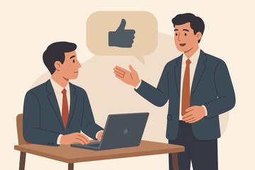 Positive feedback concept. Manager giving employee good review for performance. Thumbs up for successful work. Business teamwork, communication, and project approval idea.