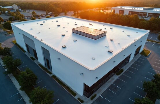 Aerial view of modern commercial building roof at sunset. Features white TPO roof with prominent skylight, surrounded by parking lot, trees. Reflects energy efficiency, contemporary architectural