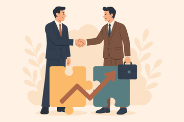 Obraz premium Joint venture business partnership concept. Businessmen handshake over puzzle pieces symbolizing a merger, acquisition, or cooperation to achieve a common goal and growth.