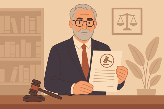 Mature lawyer or judge in an office holding a legal document. Concept of law, justice, and judgment. Attorney with a contract or verdict. Gavel and scales of justice symbol.