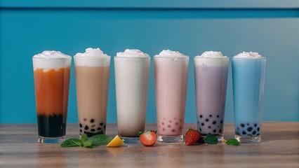 Colorful Bubble Tea Lineup with Fresh Fruit and Toppings
