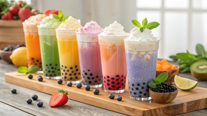 Colorful Bubble Tea Lineup with Fresh Fruit and Toppings