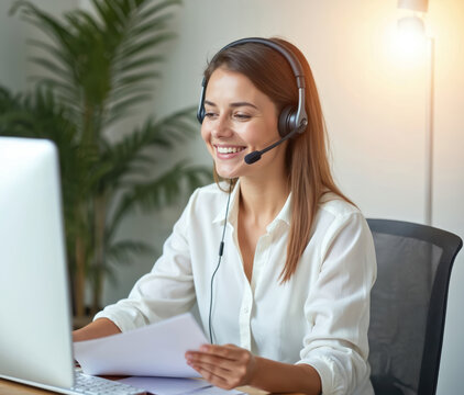 Smiling businesswoman operator in call center office consults clients via phone, computer. Wears wireless headset microphone, holds documents, works with laptop, providing customer support services.