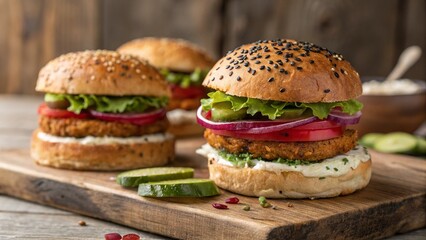 Burger with Fresh Veggies on Wooden Serving Board