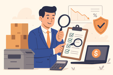 Procurement and asset management concept. Businessman with clipboard auditing company equipment. Purchasing goods and services. Financial control, checking price, depreciation.