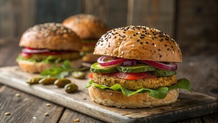 Burger with Fresh Veggies on Wooden Serving Board