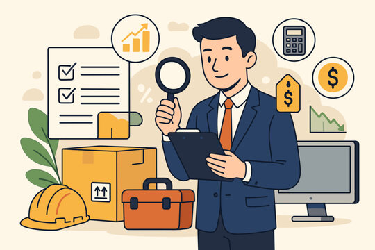 Procurement and asset management concept. Purchasing company equipment, goods, service. Businessman audit, checking price, depreciation. Financial inspection, inventory control.