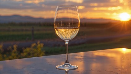 Obraz premium A single elegant glass of white wine sits on a table at a vineyard, with the beautiful golden light of the setting sun in the background