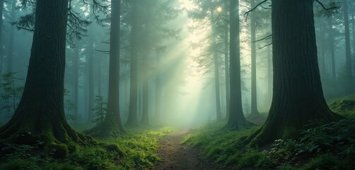 Obraz premium Misty forest path lined with tall trees. Sunbeams stream through fog, creating a mystical, serene atmosphere. Rich green moss covers tree trunks and forest floor.