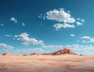 Naklejka premium Sunny desert landscape with distant, terracotta-hued hills under a vibrant blue sky