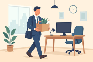 Businessman Starting New Job Office Onboarding, Employee Moving to New Workplace with Box, Career Change, Recruitment, Employment Opportunity, Corporate Workspace Concept