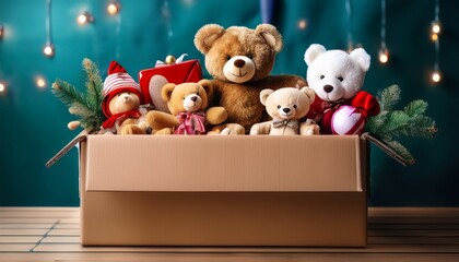 festively decorated cardboard box filled with teddy bears and toys for a holiday toy drive