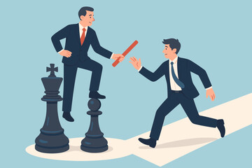 Business succession planning, leadership transition, baton pass, delegation of authority, mentorship, teamwork, manager appointing successor, chess king and pawn metaphor