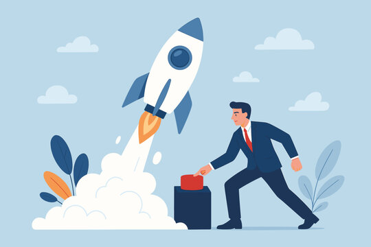 Ambitious businessman launching startup rocket, business growth boost, entrepreneurship innovation, new project success, company development, leadership, opportunity concept illustration