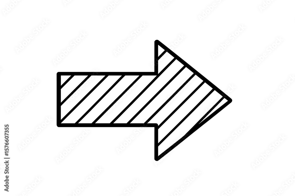 Poster bold right arrow outline with diagonal stripes. directional pointer icon. black and white vector ill