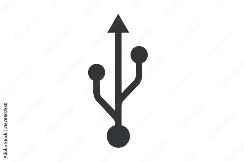 Poster USB Icon Vector Illustration. Universal Serial Bus Symbol. Technology Connection Port. Data Transfer Interface. Black Silhouette Isolated on White. Digital Device Connector. Modern Tech Design