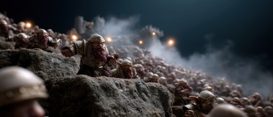 Epic fantasy battle: dwarven war machines bombarding goblin tribes in misty mountains