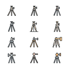 A collection of twelve colorful, outlined tripod icons for photography and videography equipment, presented in a clean, minimalist style on a white background