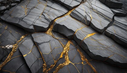 textured gray rock with gold veining and cracks in a natural setting