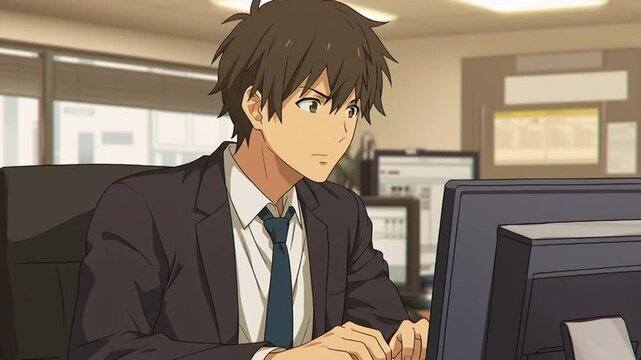 オフィスで仕事をするアニメ調の日本人男性