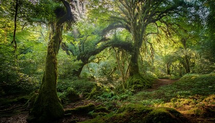 a majestic ancient forest characterized by its dense and towering trees