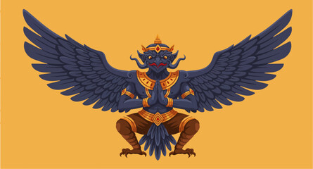 Obraz premium Garuda Statue: Dark Blue Avian Deity in a Praying Pose with Golden Accents