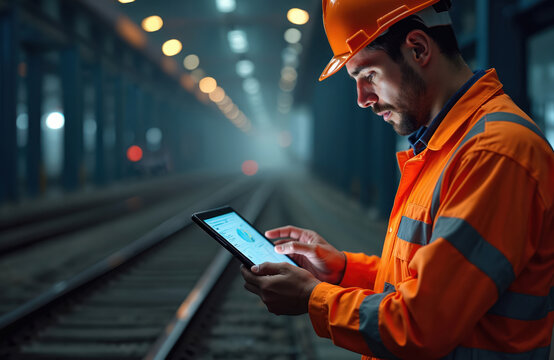 Worker in orange safety suit checks tablet on railway line. Industrial construction setting with large structure, bright lights. Man in safety gear inspects rail equipment, data systems, electrical