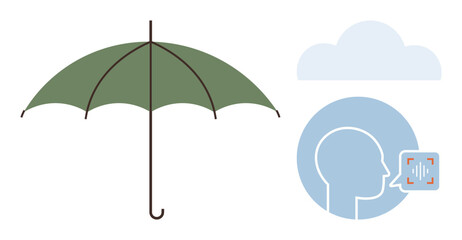 Green umbrella alongside voice and cloud symbols conveying themes of protection, speech, and technology. Ideal for weather, communication, security, privacy, technology, AI and metaphors