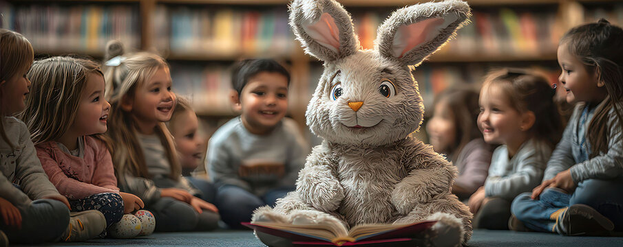 Scene of an Easter-themed storytelling session in a local library, with children gathered around a storyteller in a bunny costume