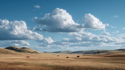 Fototapeta premium Serene Prairie Landscape Under a Vast Summer Sky with Grazing Cattle