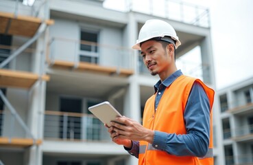 Asian construction worker in orange vest, white helmet inspects modern home building. Man uses tablet for maintenance, project management. Building design features large glass window, staircase on