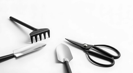 Various gardening tools including hand trowel, cultivator, and scissors are laid out on a clean white surface, planting in spring