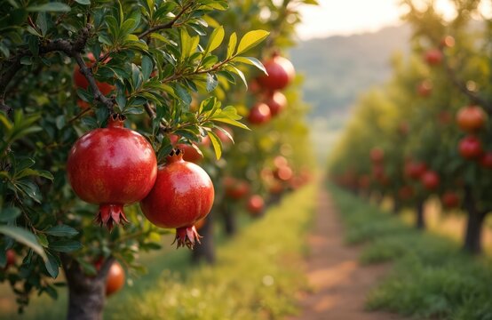 Ripe red pomegranates grow on tree branches in a sunlit orchard during harvest season. Rows of pomegranate trees create a vibrant, agricultural scene, perfect for food and health-related content.