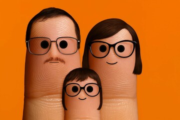 Family of finger characters with glasses on a bright orange background engaged playful portrait wear glasses while posing