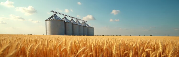 Metal grain silos stand in vast golden wheat field under clear blue sky. Modern agricultural storage tanks symbolize agribusiness, technology, harvest, representing vast farmland, rural industry.