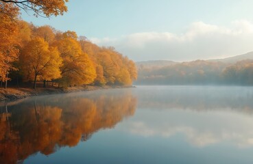 Fototapeta premium Golden autumn trees border tranquil lake, reflecting on still water. Crisp morning mist. Serene natural landscape, vibrant foliage, peaceful atmosphere, rural idyll.