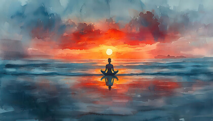 A lone figure meditates in a yoga pose on the waters edge during a vibrant sunset