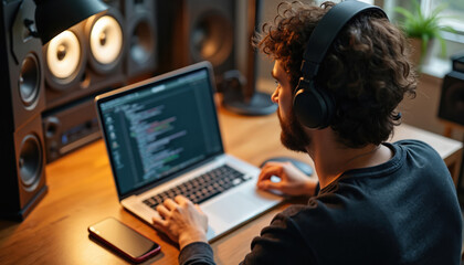 Man with headphones works on laptop in sound studio. Producer types code on computer, creates podcast audio content. Closeup of person at desk with speakers, microphone, mixing console.