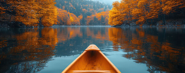 A canoe glides peacefully on a calm lake surrounded by vibrant autumn trees and their reflections