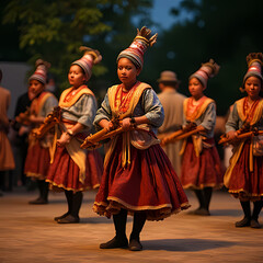 Naklejka premium A traditional dance performance at a village cultural night with performers in colorful ethnic costumes and wooden instruments