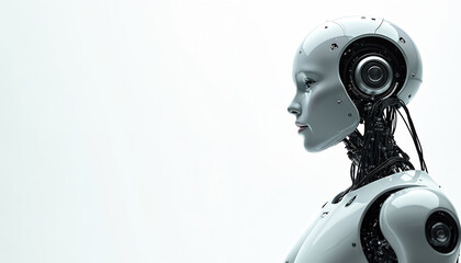 Profile of advanced humanoid robot face, intricate mechanical details, sleek white exterior. AI assistant concept, digital communication, future technology themes. Sophisticated android represents