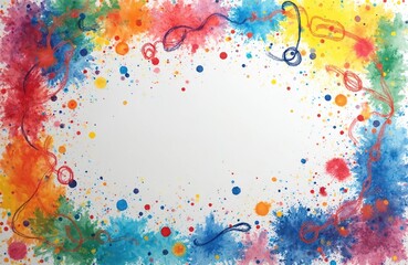 Vibrant abstract art on white background features colorful doodles. Rectangular frame filled with splashes of red, blue, green, yellow, orange colors. White splashes colorful design, scattered around