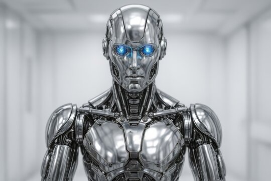 A detailed robotic figure stands tall, its metallic surface gleaming. Brilliant blue eyes glow, hinting at advanced artificial intelligence.