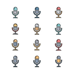 Collection of vibrant microphone icons over a white background, perfect for podcasting, broadcasting, or karaoke themes. The stylized design conveys a modern, playful mood, ideal for digital content