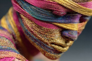 Close-up of stylized figure wrapped in vibrant pink, yellow, blue, and purple threads against dark background with blurred depth, abstract art concept for creativity and identity themes.