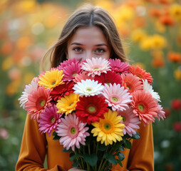 Naklejka premium Young woman face partially hidden by large bouquet of white, pink flowers. Vibrant orange shirt contrasts with colorful blooms. Various flowers like daisies, carnations, roses add color to scene.