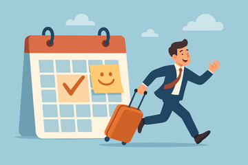 Happy businessman running with luggage for annual leave vacation. Employee holiday trip concept. Calendar schedule for day off. Time to rest, relax. Work life balance.