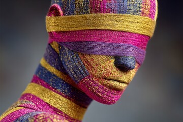 Close-up of stylized figure wrapped in vibrant pink, yellow, blue, and purple threads against dark background with blurred depth, abstract art concept for creativity and identity themes.