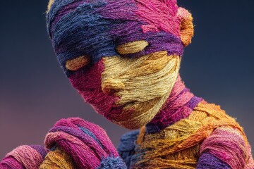 Close-up of stylized figure wrapped in vibrant pink, yellow, blue, and purple threads against dark background with blurred depth, abstract art concept for creativity and identity themes.
